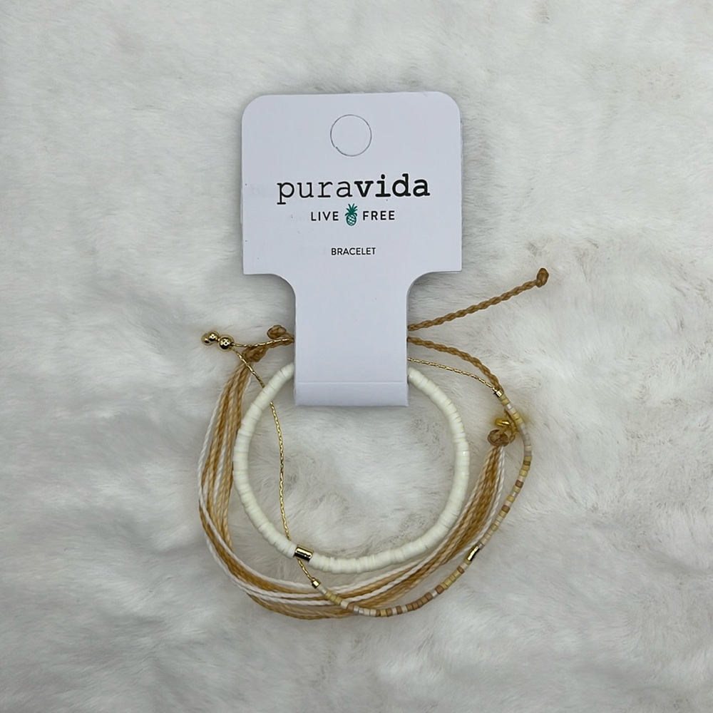 Pura Vida May 2024 Bracelet Set - The Rivera Stack - White/Tan/Gold/Ivory